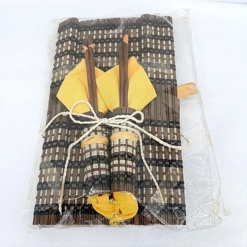 Bamboo Table Runner w/ Woven Yellow Napkins & Chopsticks 2 Person NEW